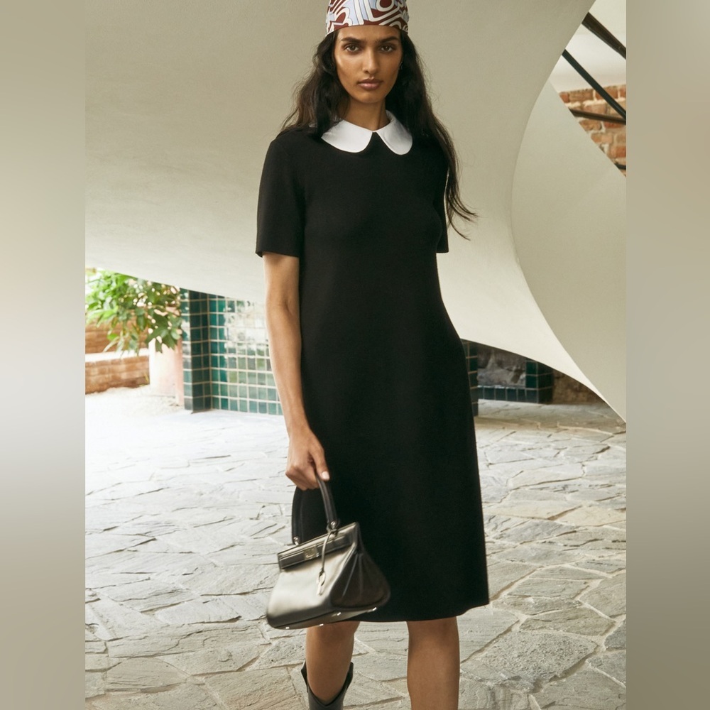 Tory Burch Poplin Collar Sweater Dress Black Wool Small